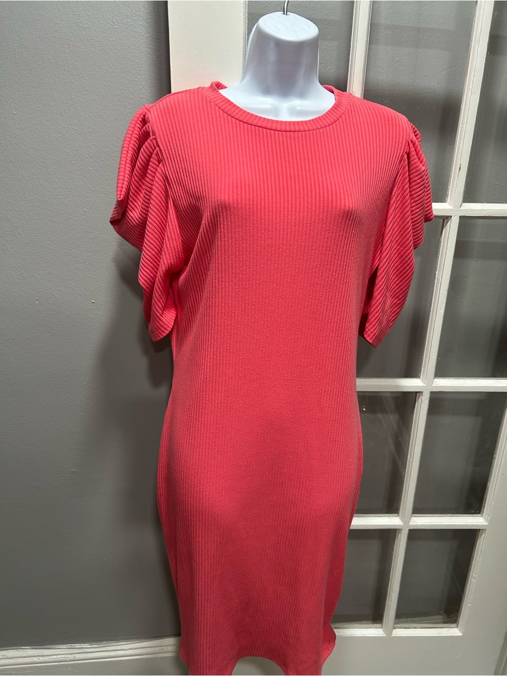 iris Coral Pink Ribbed Midi Dress with Flutter Sleeves